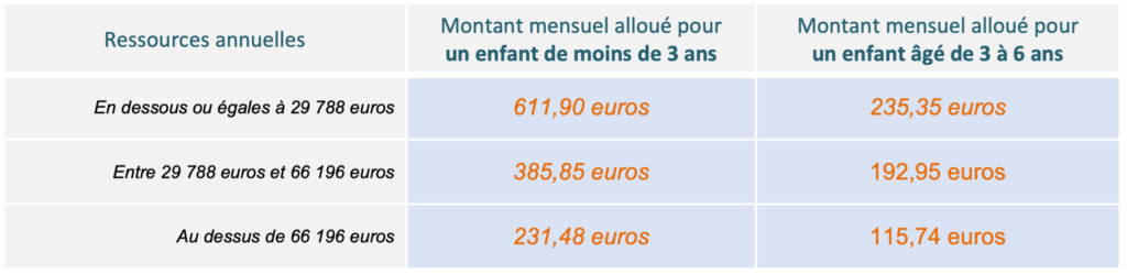 récapitulatif des montants des allocations du CMG personne seule